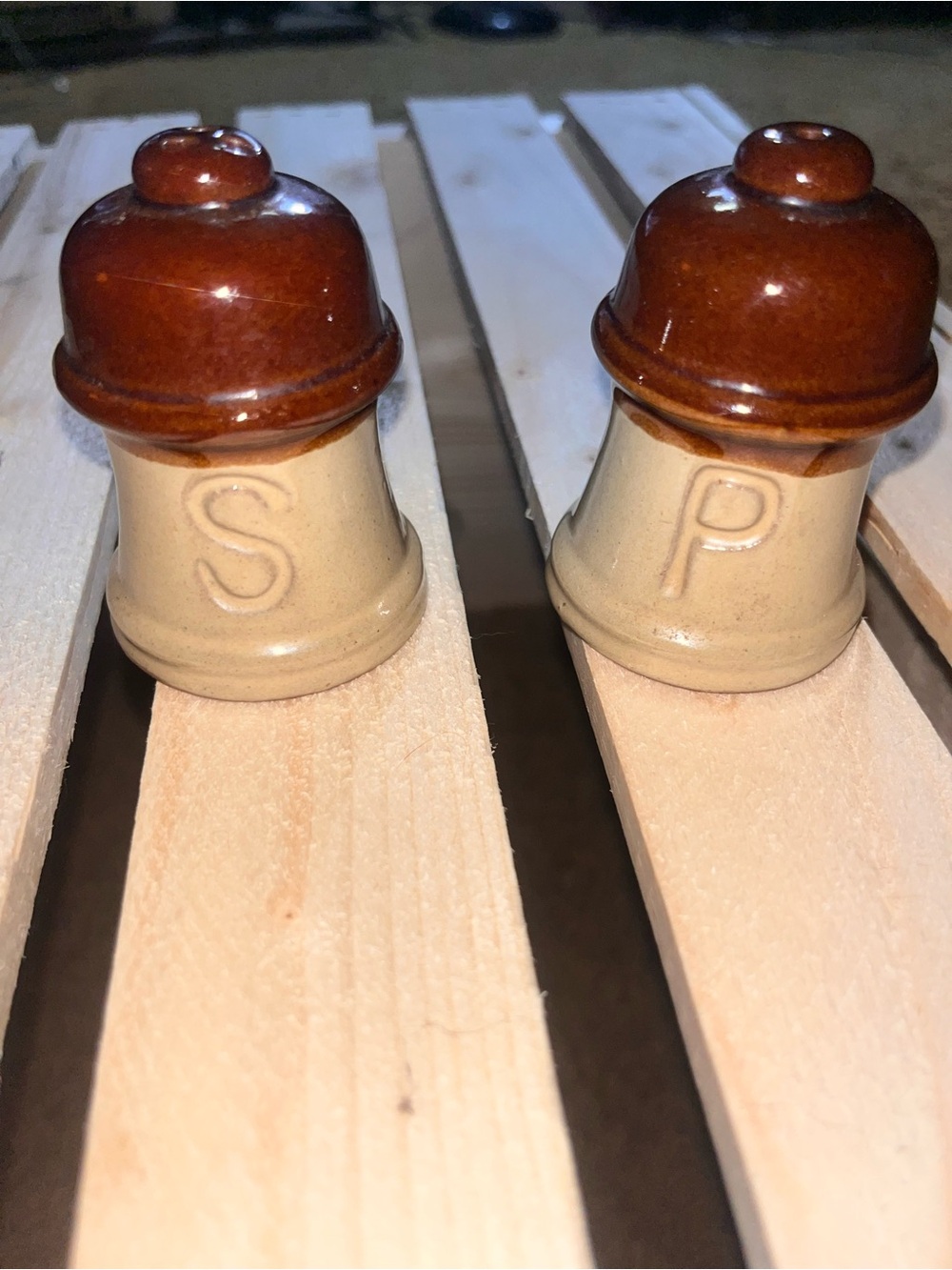 Salt and Pepper Ceramic Shakers in Brown and Cream